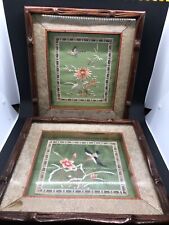 Two Embroidered Chinese Floral & Butterfly Art on Silk Fabric Border Wood Frame