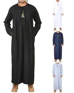 Men's Thobe Jubba Saudi Islamic Arab Eid Emirati Kaftan Jubbah Tassel Robe - Picture 1 of 80