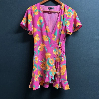 ZARA TRF Women’s Floral Wrap Romper Dress M Pink Orange Tulip Print Resortwear - Image 1 of 4