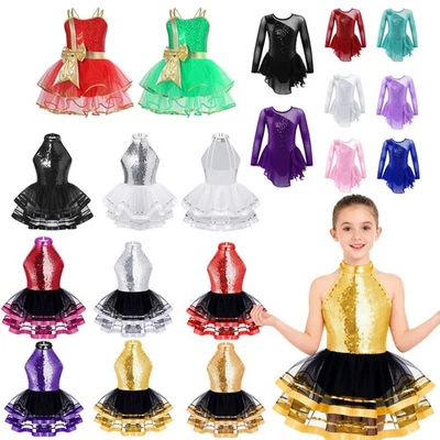UK Girls Sequins Leotard Ballet Dance Tutu Dress Ballerina Gymnastic Costumes - Image 1 of 4