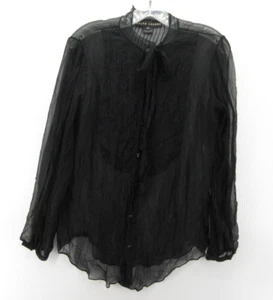 Ralph Lauren Black Label Top Women 10 Black Silk Button Up Blouse Sheer Tie Neck - Picture 1 of 9