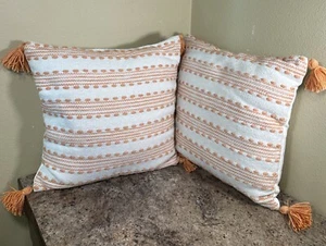 Two Magaschoni Home Texture Pattern Tassel 17”X 17” Throw Pillows Ivory Salmon - Picture 1 of 13