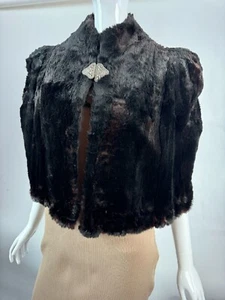 Vintage 50s Black Faux Fur Capelet With Satin Trim & Ornate Clasp - Picture 1 of 19