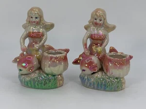VTG Pair of Mermaid Anthropomorphic Dolphin Candle Holders Lusterware Kitsch MCM - Picture 1 of 12
