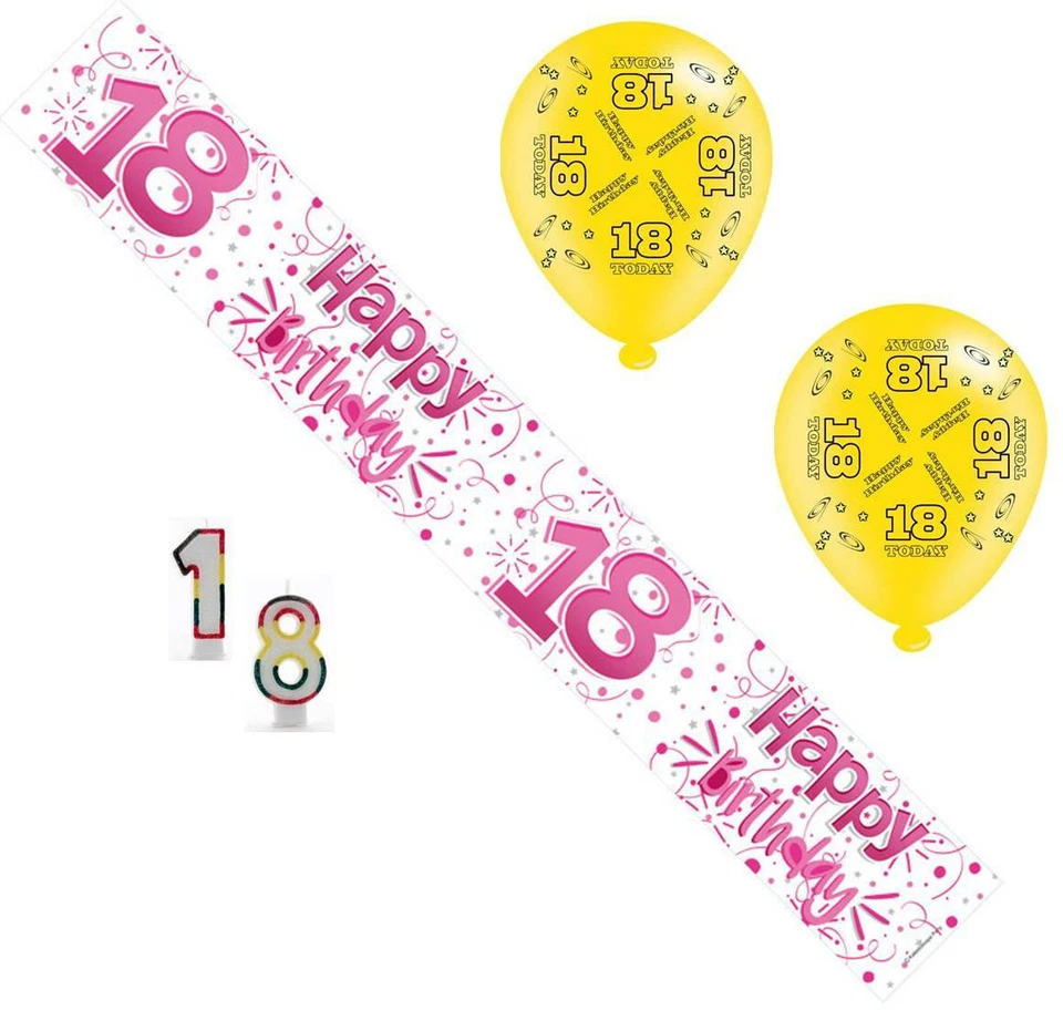 Age 18 Female Birthday Party Pack - Banner, Balloons, Candles - 18th Birthday — 第 1/1 张图片