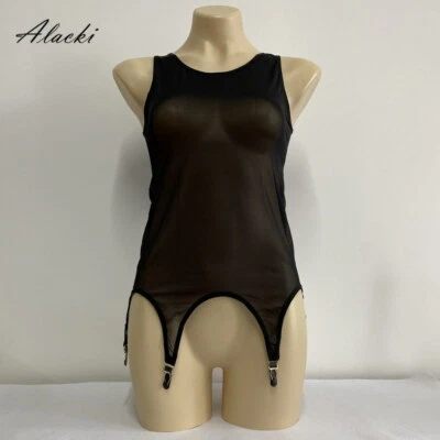 Alacki Mesh Sheer Vest Bodysuit with 6 Straps Garter Belt Night Lingerie(S~2XL) - Image 1 of 4