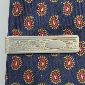 Art Deco Floral and Oval Mixed Gold Tone Short Metal Vintage Tie Clip Clasp Bar - Picture 1 of 13