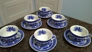 Blue Willow Tea Cups and Saucers Occupied?  Japan Set of 6 - Picture 1 of 14
