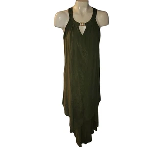 AUW Olive Green Halter Neck Asymmetrical Layered Midi Dress Lagenlook capsule M - Picture 1 of 13