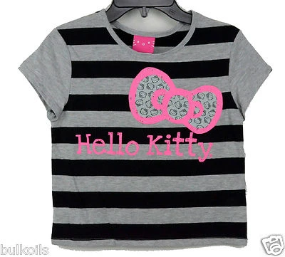 HELLO KITTY SANIRO BLACK GRAY STRIPE T-shirt Short Sleeve Pink Bow - Image 1 of 2