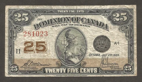 Canada Dominion 25 Cents 2.7.1923; VG+; P-11b; C-DC24c; sign: McCavour/Saunders Cover