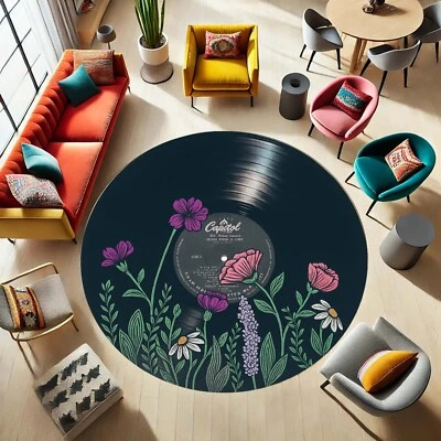 Vinyl Record Rug, Retro Round Mat, Floral Music Carpet, Boho Flower Rug, Music L - Image 1 of 4