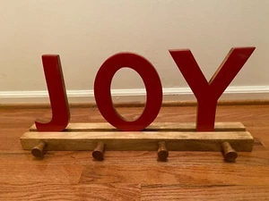 Threshold Wooden 4 Stocking Holder Red Enamel Painted JOY New - Picture 1 of 3