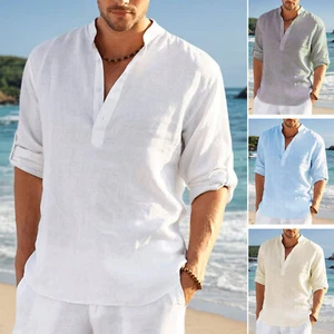 Mens Cotton Linen Beach Shirts Summer Grandad Solid Casual T Shirt Blouse Tops - Picture 1 of 15