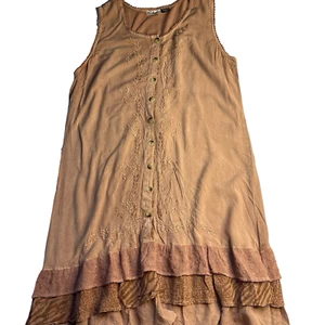 Vintage Y2K Tiered Midi Orange Fairy Dress Women XL Cottage Embroidered Summer - Picture 1 of 9