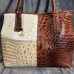 Brahmin Tri-color Melbourne Anytime Tote BAG Cream BROWN Croc Expandable - Picture 1 of 20