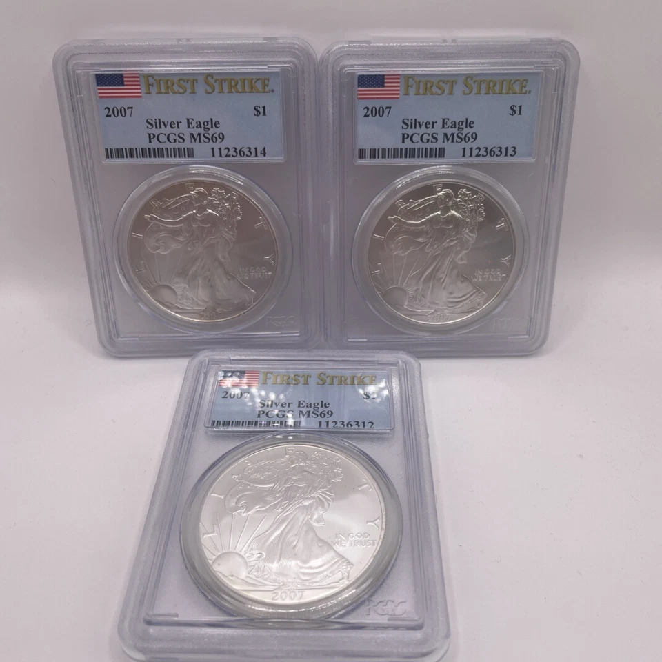 Lote de 3 American Silver Eagle 2007 $1 graduación profesional MS69 First Strike Foto 1 de 4