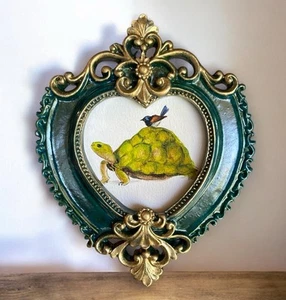 Turtle & Fairy Wren watercolor print of original painting in mini ornate frame - Picture 1 of 5