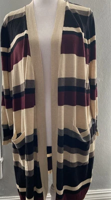Joseph A Open Front Long Cardigan Plus Size 1X Tan Burgandy Gray Pockets EUC! - Image 1 of 4
