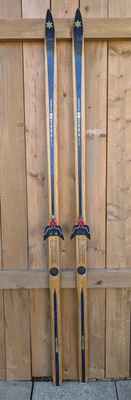 Great Old Wooden Snow Skis Vintage Measure 74 inch Long BLUE and Blonde Finish - Image 1 of 4