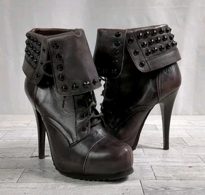 Bronx Aubergine Purple Studded Side Zip Stiletto Lace Up Bootie Woman's Sz 38M - Picture 1 of 9