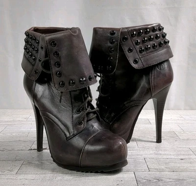 Botín Bronx Berenjena Púrpura Tachonado Cremallera Lateral Stiletto Con Cordones Para Mujer Talla 38M Foto 1 de 4