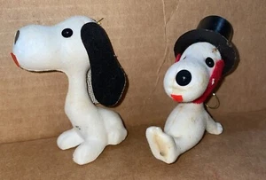 2 Vintage Snoopy Dog Flocked Christmas Tree Ornament Top Hat Fuzzy Felt Decor - Picture 1 of 8