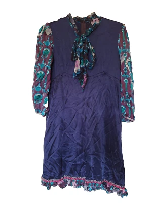 Vestido Custo Barcelona Azul Floral Seda Imperio Cintura Lazo Mod Talla 1 XS Pequeño Foto 1 de 4