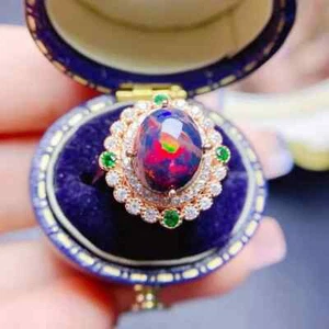 Colorful Black Fire Opal Statement Ring 8x10mm , Natural Fire Opal Ring - Picture 1 of 6