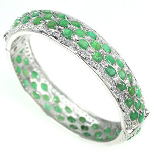 NATURAL 74 PCS GREEN EMERALD OVAL & WHITE CZ STERLING 925SILVER BANGLE SIZE 6.5"