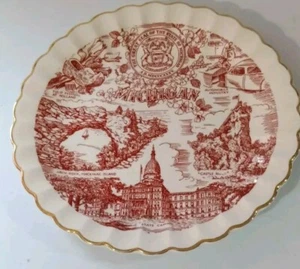 VINTAGE Michigan souvenir piatto da viaggio con finiture oro capesante grafiche rosso audace - Foto 1 di 7