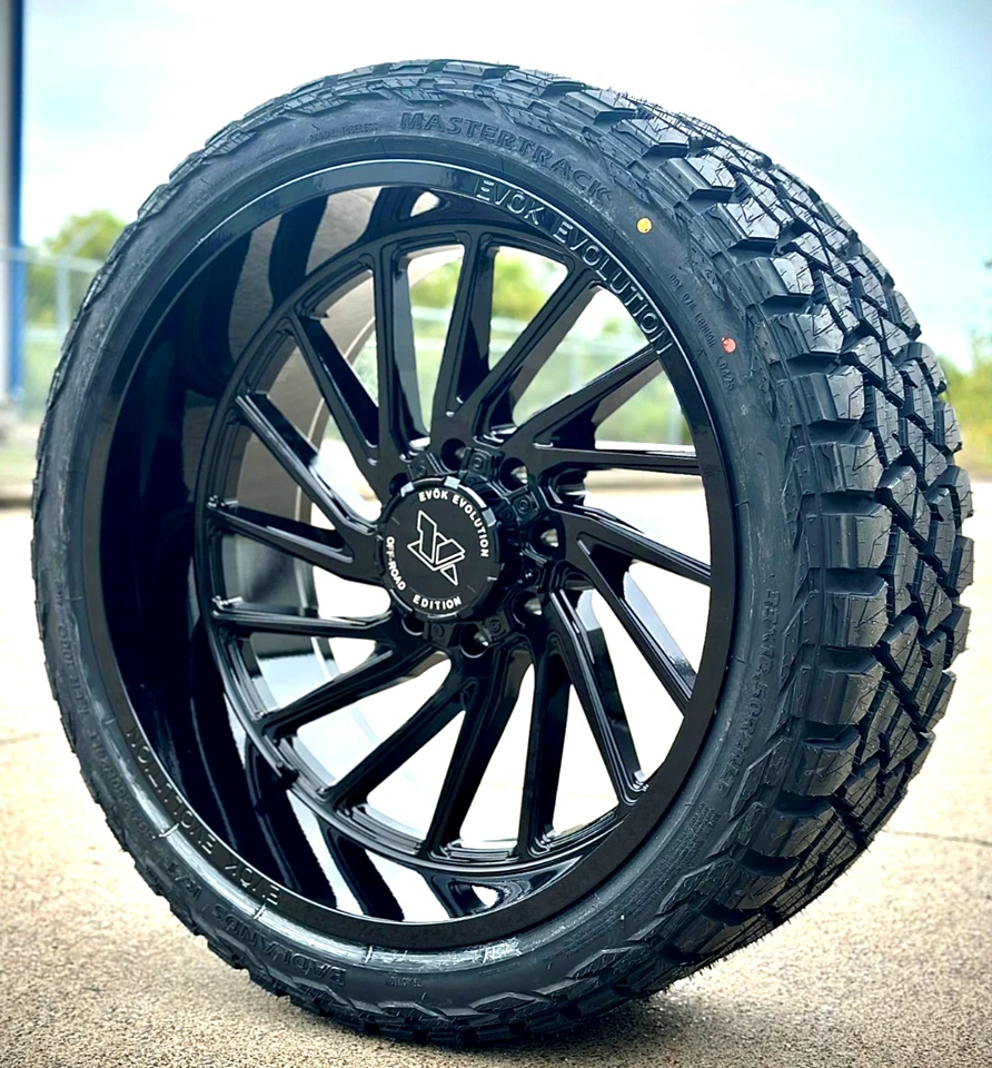 4x 24X12 Evok EV505 Wheels  & Tires  Gloss Black 8x6.5 RAM Chevy GMC 8x165.1 - Image 1 of 4