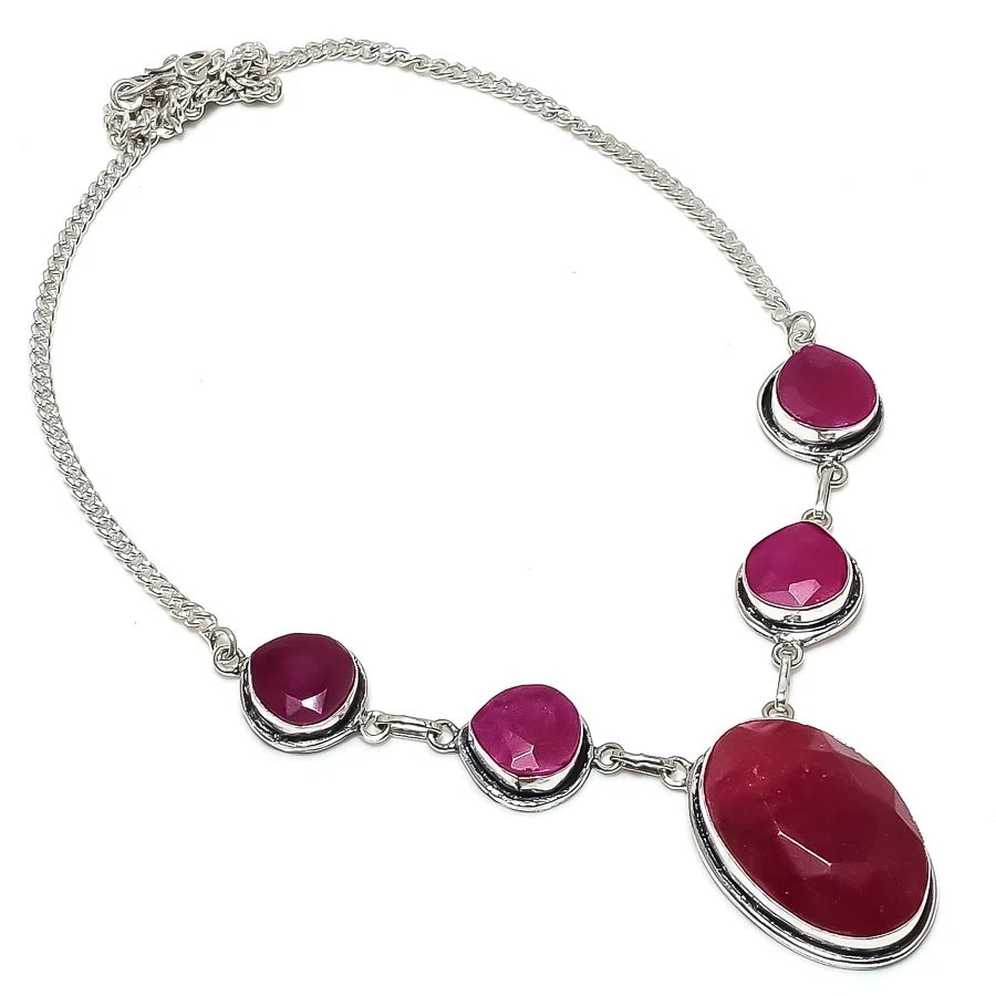 Ruby(Simulated) Gemstone 925 Sterling Silver Jewelry Necklace 18" c891 - Image 1 of 1