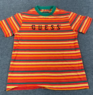 VTG Guess T Shirt Mens Small Orange Striped Embroidered Baggy Loose Y2K Hip Hop - Image 1 of 4