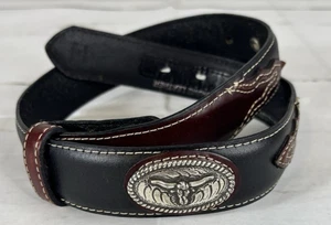 Nocona Belt No Buckle Kids 26 Longhorn Steer Concho Cowboy Leather Black Brown - Picture 1 of 12