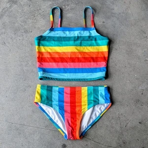 Hanna Andersson Girls Rainbow Stripe Two Piece Swimsuit size 10 - Picture 1 of 7