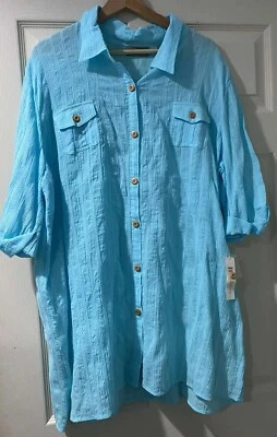 Croft & Barrow Shirt Dress Women's  Long Roll Crinkle Cotton Turquoise Blue,XXL - Image 1 of 4