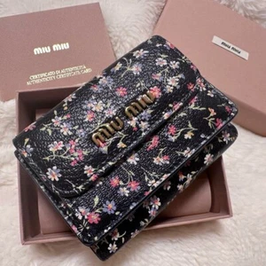 miumiu Floral Flower Tri-Fold Wallet Madras Leather Black New without Tags JAPAN - Picture 1 of 17