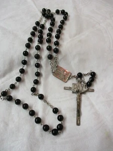 Vintage Chapel Sterling Cross Rosary with black glass Beads - Picture 1 of 4