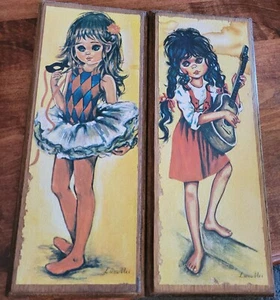 VTG Set 2 Big Eyes Retro Print Lien Mei Wood Wrapped New Old Stock Art Prints - Picture 1 of 8