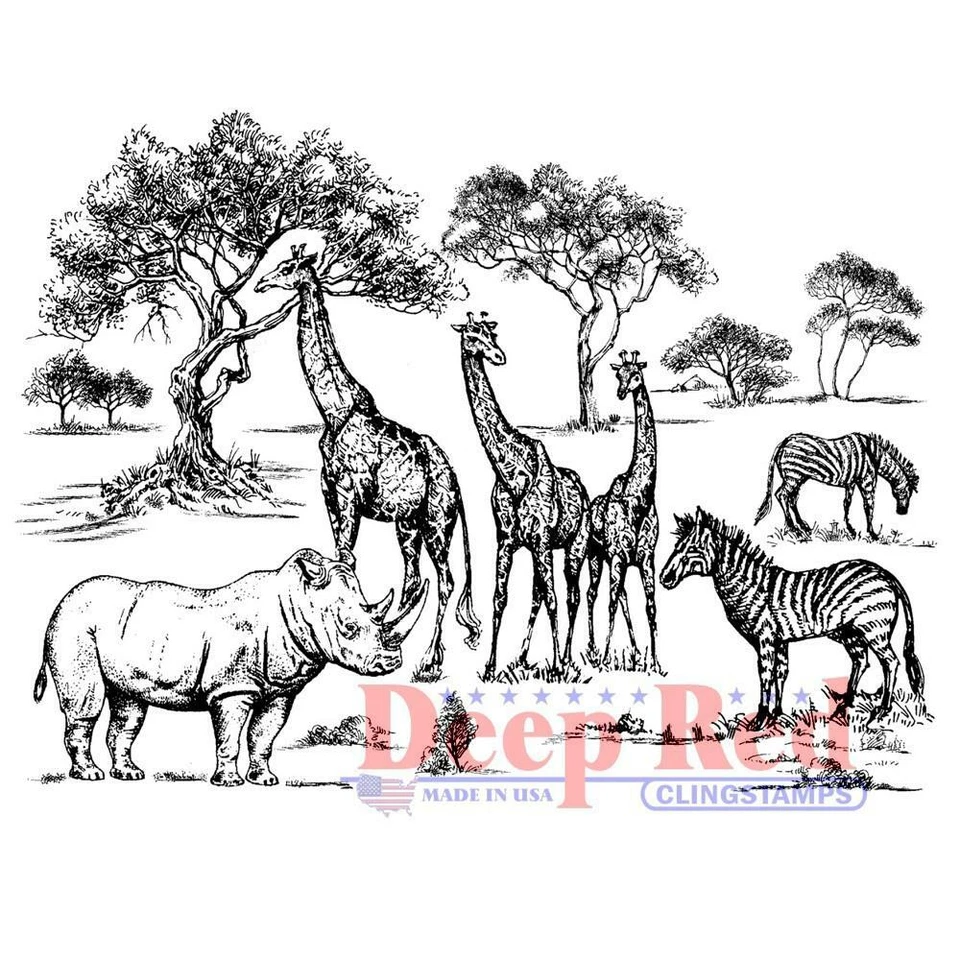 Rhino_Giraffe_Zebra_SAFARI Animals Cling Rubber Stamp by DEEP RED 4X605950 New - Image 1 of 1