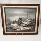 Vintage Lake Cabin Winter Scene&quot; Oil Painting - Signed And Framed