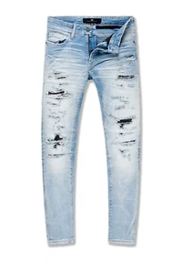 Men JORDAN CRAIG Rip And Repair Jeans Lightning Blue - Picture 1 of 2