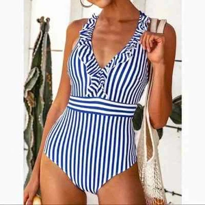 Cupshe Womens One Piece Swimsuit White W/ Blue Strips Ruffled XLarge - Picture 1 of 5