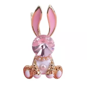 Cute Pink Bunny Lapel Pin With Rivoli Crystal & Imitation Pearls Gold Tone - Picture 1 of 2