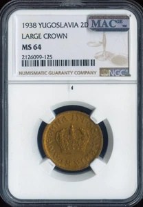 1938 Yugoslavia 2 Dinara NGC MS64 Large Crown Quality - Picture 1 of 2