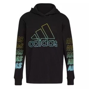 Adidas Boys Black Fast Hooded Multicolor Logo Long Sleeve Athleisure Tee Medium - Picture 1 of 5