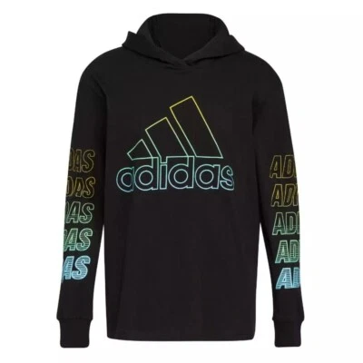 Adidas Boys Black Fast Hooded Multicolor Logo Long Sleeve Athleisure Tee Medium - Image 1 of 4