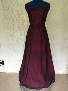 Long evening gown black mesh with stars, pink underlay, used, excellent condtn - Picture 1 of 6