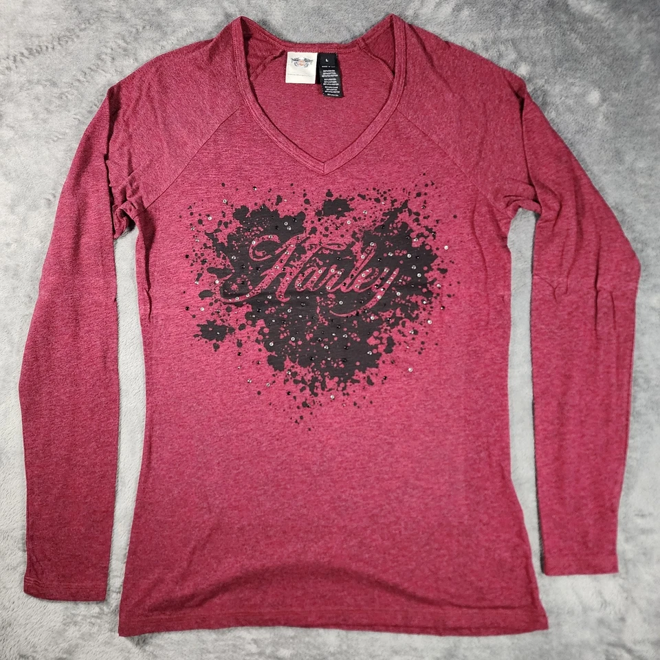 Camiseta Harley Davidson para mujer grande rosa Burnout manga larga cuello en V con pedrería Foto 1 de 4
